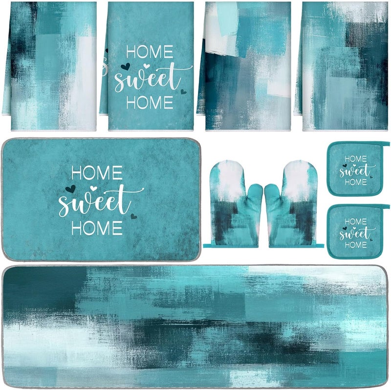 Fourluoo 10 Pcs Teal Turquoise Oven Mitts and Pot Holders Kitchen Decor and Accessories Set Turquoise Kitchen Towels Modern Boho Oven Gloves for Home Decorations Cooking Baking Housewarming Gifts - Image 1